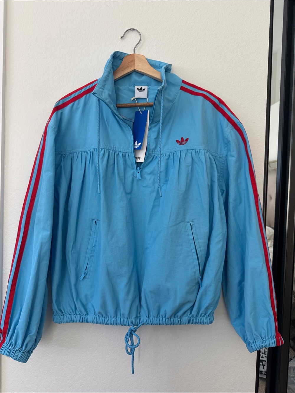 adidas x asos Light Blue Bomber Jacket with Red Stripes